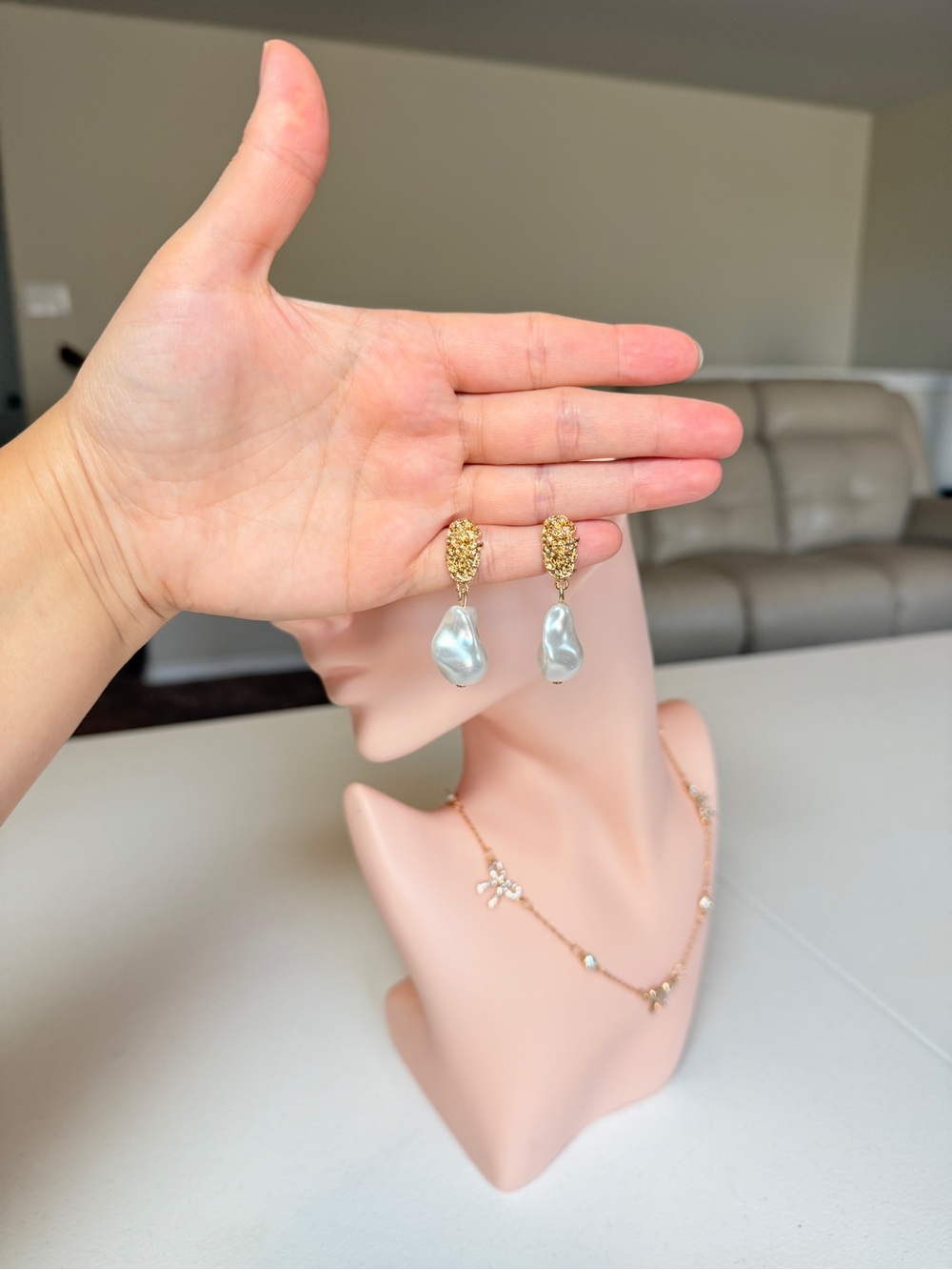 Gold Teardrop Pearl Pendant Earrings - Elegant Women's Jewelry - Picture 8 of 10